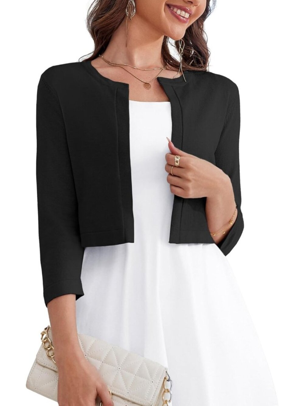 Chic Women's 3/4 Sleeve Open Front Bolero Shrug Cropped Cardigan Sweater